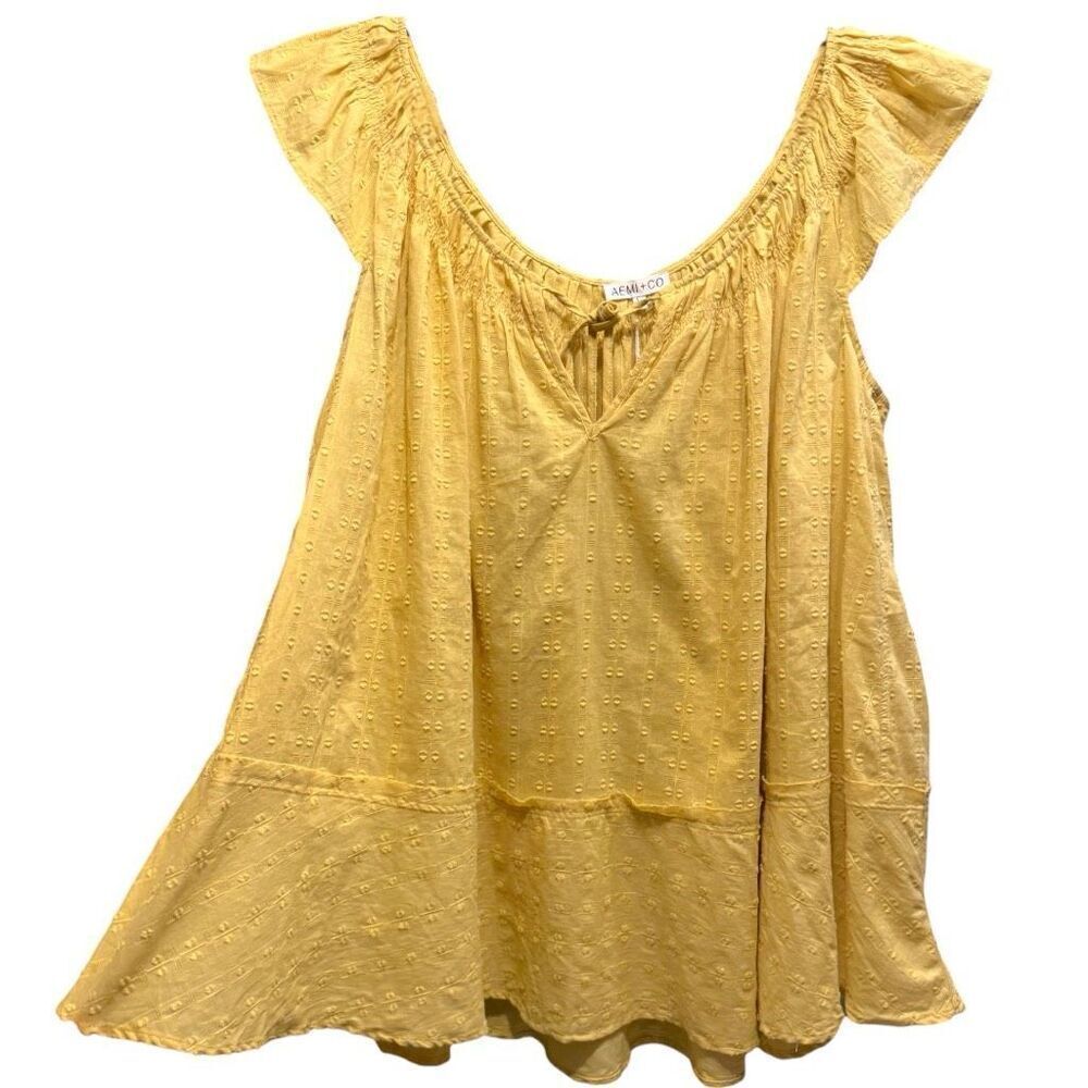 Yellow Tunic Mini Dress Ruffled Cap Sleeve Cotton NWT | Aemi+Co - Picture 9 of 14